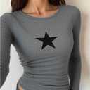 SOLY HUX Girl's Y2k Long Sleeve Top Star Graphic Ruched Fitted Tee Shirts Fall Streetwear (Gray)