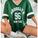 SOLY HUX Women's Jersey Shirts Letter Graphic Oversized Tees V Neck Half Sleeve Summer T Shirt Tops Green Letter Large