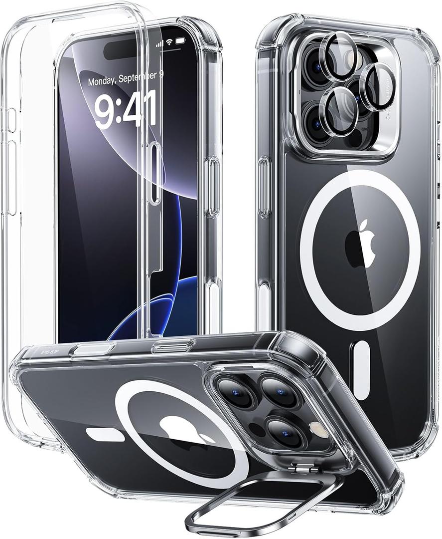 ESR for iPhone 16 Pro Case with Stand, Camera Control Button Compatible with MagSafe, Full-Body Military-Grade Drop Proof Case with Built-in 9H+ Tempered Glass Screen Protector, Clear