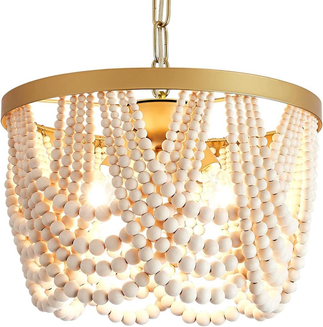 Boho Wood Beaded Semi Flush Mount Ceiling Light Fixture,3-Light Gold Metal Mini Chandeliers,Bohemia Small Chandelier for Bedroom, Nursery Room, Entryway, Hallway, Passway, Dining Room