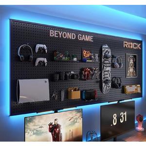 RGB Gaming Wall Organizer Peg Board with RGB LED Strip Lights, 2PCS Metal Gamer Wall Decor Peg Board with Hooks, DIY Gaming Setup Organizer PegBoard Gaming Wall Accessories 12 * 24