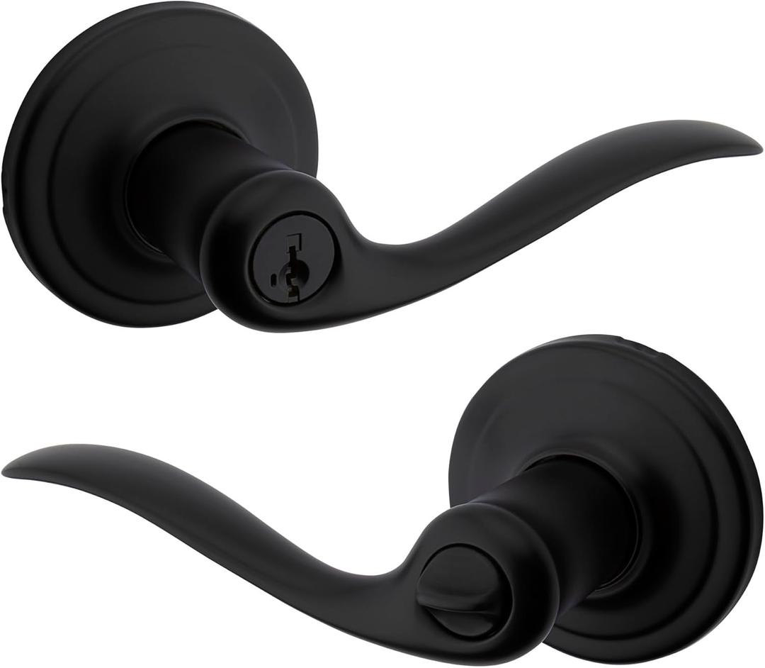 Kwikset Tustin Entry Door Handle with Lock and Key, Secure Keyed Reversible Lever Exterior, For Front Entrance and Bedrooms, Matte Black, Pick Resistant Smartkey Rekey Security and Microban