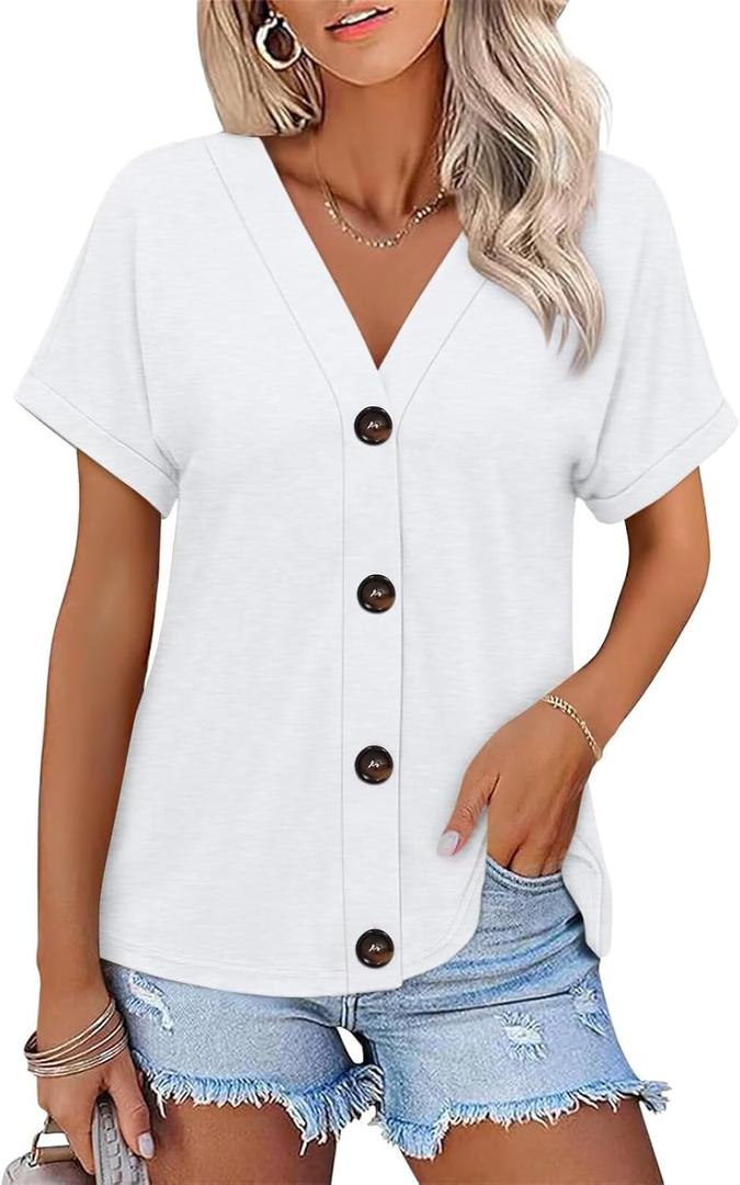 ORANDESIGNE Women's Short Sleeve V Neck Tops Casual Button Down Summer T Shirts Basic Ladies Tees (White, XL)