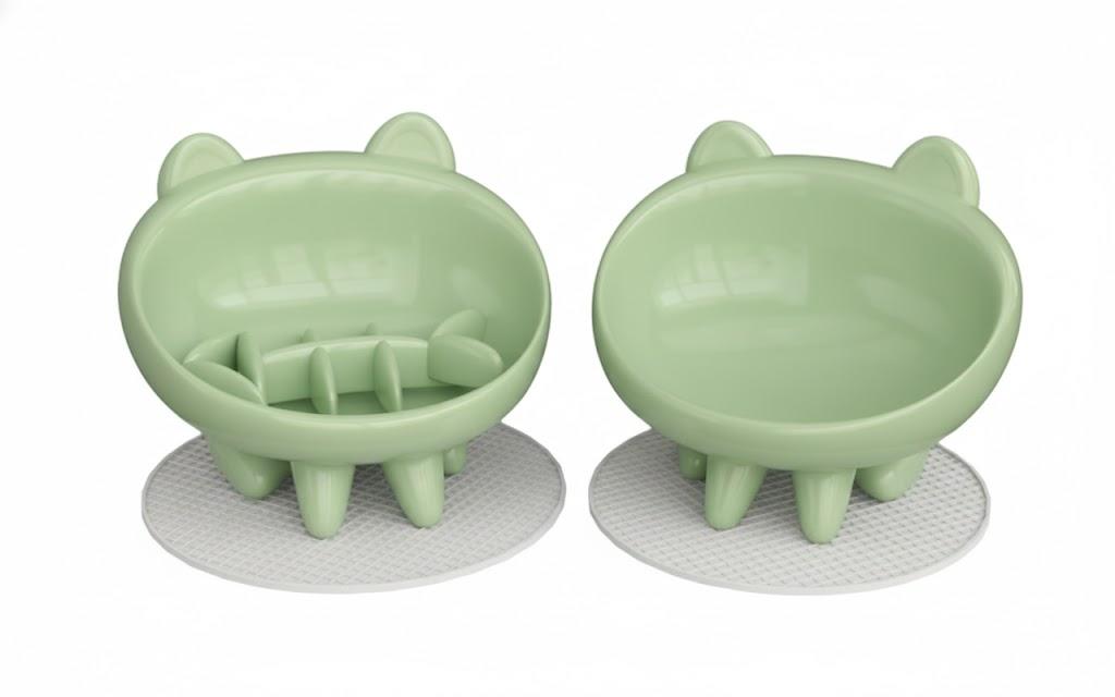 2 Pack Elevated Slow Feeder Cat Bowls Whisker-Friendly Tilted Ceramic Bowls Anti Vomiting, Raised Feeding Station with Anti Slip Mat, Ideal for Senior Cats & Small Dogs