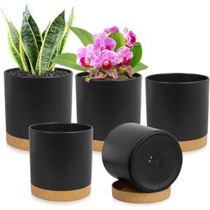 5 Pack Cylindrical Flower Pots with 7/6.5/6/5/4 inch, Modern Small Plastic Plant Pots with Drainage Holes & Saucers, Round Planter Pots for Outdoor, Indoor & Office Decor (Black Brown)