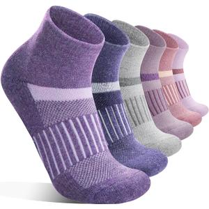 6 Pairs Merino Wool Ankle Running Hiking Socks Compression Support Breathable Thick Cushion No Show Socks for Women Men, Medium, Purple Mixed