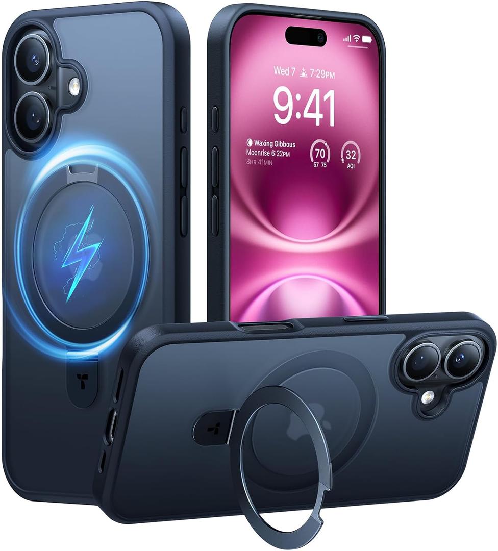 TORRAS Magnetic for iPhone 16 Case with Stand, Built-in Stand Compatible with MagSafe, 3X Military-Grade Protection, Translucent Slim Phone Case for iPhone 16 6.1'', Matte Black