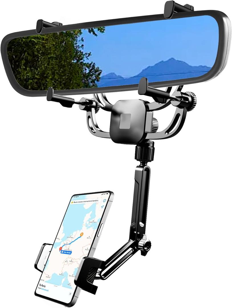 Karmus Rear View Mirror Phone Holder for Car  Universal Rearview Mirror Mount for iPhone & Android, All-Metal Arm, 360 Rotation No Suction Needed Car Cell Phone Holder Secure Fit for Most Vehicles (For narrow rearview mirrors ((1.30-2.08in), Manual Clamp Black)