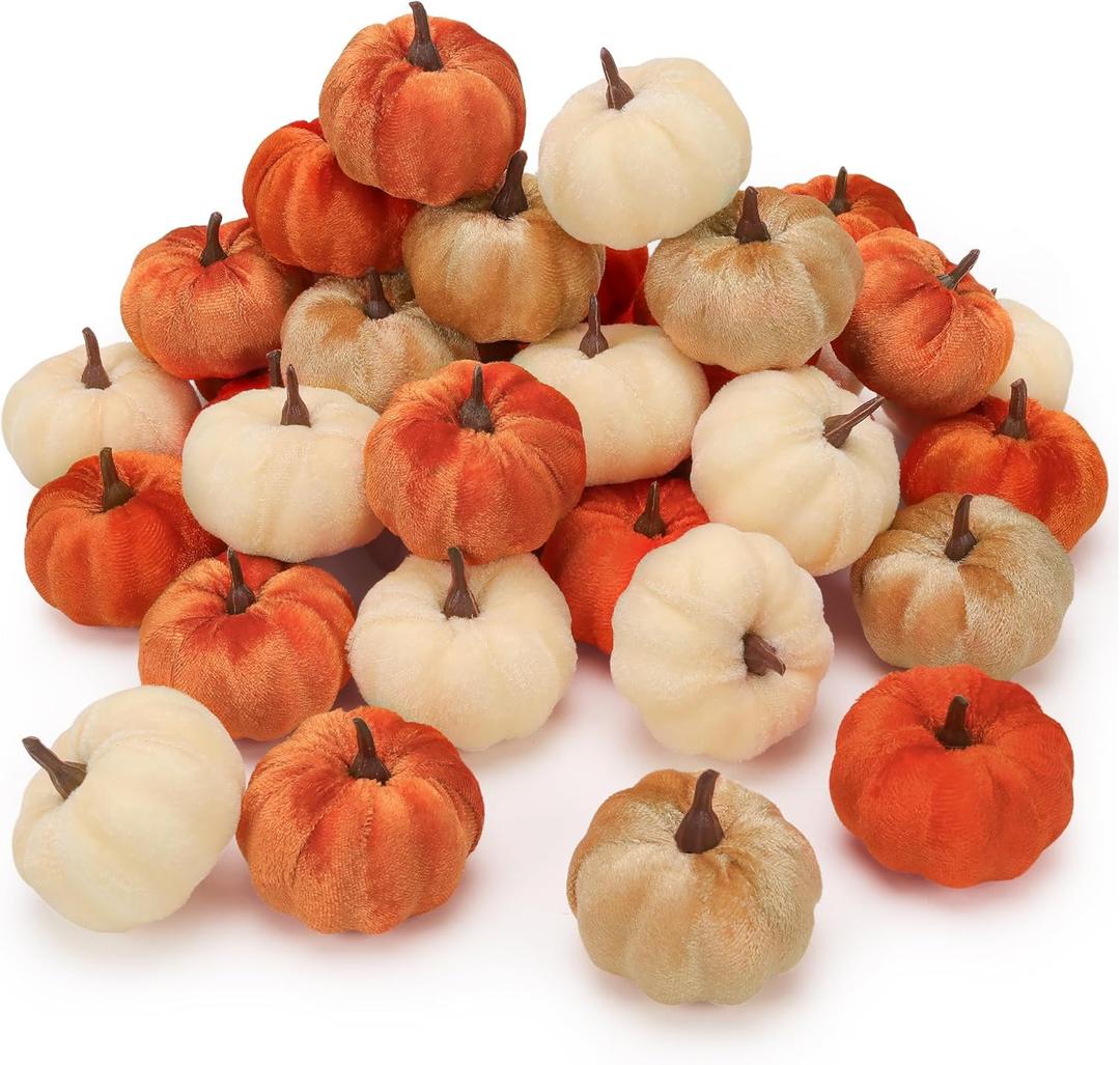 Folmywy 24 Pcs Faux Velvet Pumpkins Small Artificial Fall Harvest Pumpkin Decoration Fake Foam Fabric Pumpkins for Thanksgiving Halloween Fall Wreath Home Decor Table Vase Filler Wedding