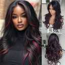Aisaide Highlight Red Mixed Black Wig Long Layered Burgundy Black Wig with Curtain Bangs for White Balck Women Synthetic Layered Wavy Shaggy Wigs for Women 24inch 1B/RED