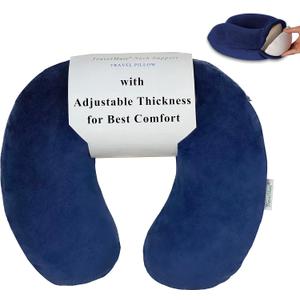 Memory Foam Neck Pillow - Adjustable Thickness for Best Comfort, Dark Blue