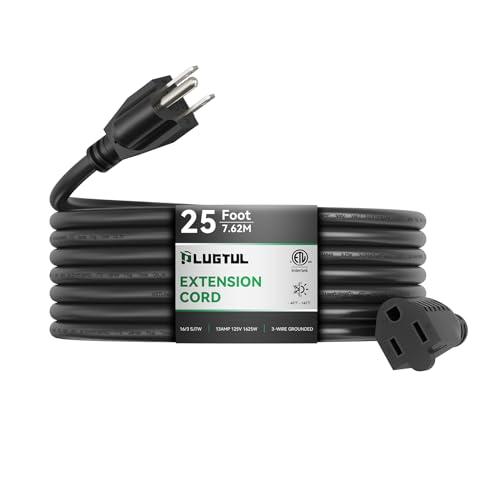 PLUGTUL Outdoor Extension Cord 25 FT Waterproof, 16/3 Gauge Black Heavy Duty 3 Prong Extension Cord, 13A 1625W SJTW, ETL Listed, Great for Garden and Home