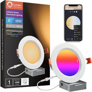 Lumary 6 Inch Smart WiFi Recessed Lighting, RGBWW Canless LED Wafer Downlight, 13W 1000Lm Color Changing, Ultra-Thin w/Anti-Glare Baffle, Work with Alexa/Google/Remote(Sold Separately), 1PC