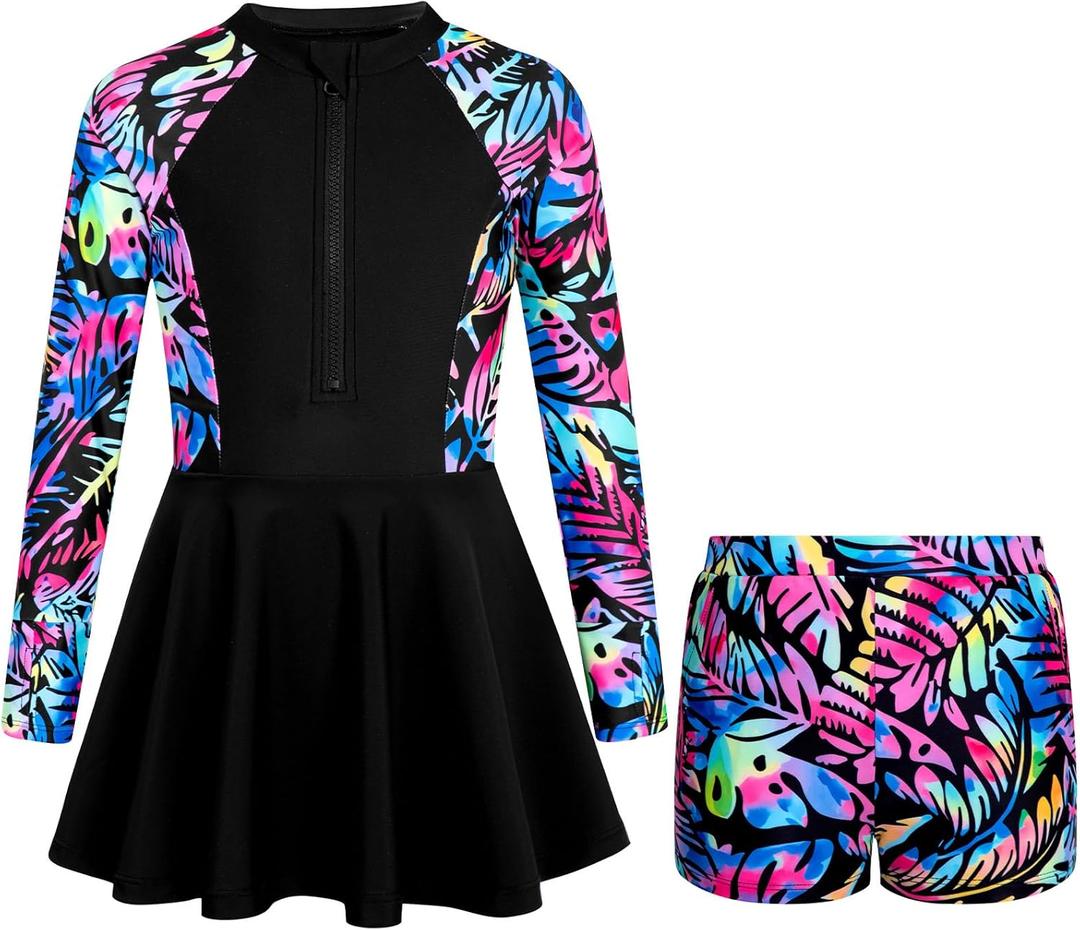 HOZIY Girls Long Sleeve Swimsuit Two Piece Rash Guard Dress with Swim Shorts Front Zip for Kids Tween Teens UPF 50+, 14Y