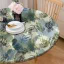Round Tablecloth Fitted Elastic Edge Patio Table Covers Wrinkle Resistant Polyester Table Cloth for Picnic Camping Indoor and OutdoorWatercolor Leaves 36"-44" (Sage Green/Pale Blue/Gray)