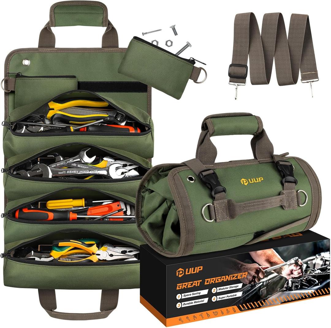 Tool Bag Roll Up, UUP Heavy Duty Portable Soft Tool Storage Organization, Foldable Empty Rollup Organizer with 2 Small Pouches, Rollable Carrying Toolbag, Dad Men Mechanic Welding Birthday Gift, Green