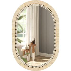 ULIKE Rattan Mirror for Bathroom, 24x36 Inch Oval Rustic Farmhouse Wall Decor with Handmade Wicker Frame, Boho Mirror for Nursery Bedroom Living Room Entryway