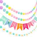 Irenare 4 Pieces Spring Garland Felt Pompom Garland Hello Spring Daisy Flower Banner for Indoors Decorating Mantel Tree Party Decorations