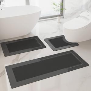 HelloTree 3PCS Bath Mat Rug Rubber Non Slip Quick Dry Rug Sets Super Absorbent Thin Bathroom Rugs Fit Under Door Dark Grey Washable Bathroom Floor Mats for in Front of Bathtub, Shower Room, Sink (1'8" x 3'11" (U-Shape))
