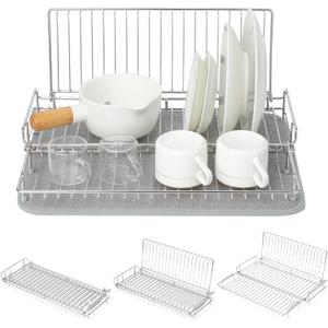 Foldable Dish Drying Rack, Small Dish Drying Rack for Narrow Kitchen Counter, Compact Dishes Drying Rack with Grey Drying Mat - Collapsible, Stainless Steel, Silver