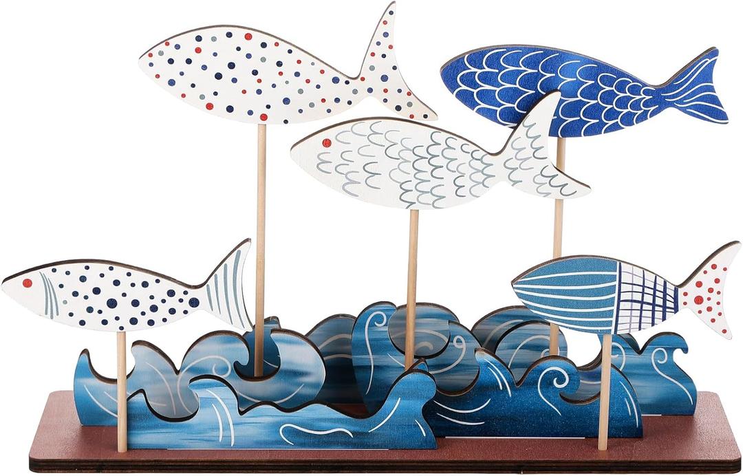 Novabright 10 Pcs Coastal Table Decor Wood School of Fish Sign Summer Beach Blue Sea Wave Centerpieces Ocean Standing Farmhouse Under The Sea Party Supplies for Home Cabinet Shelf Tabletop Decor