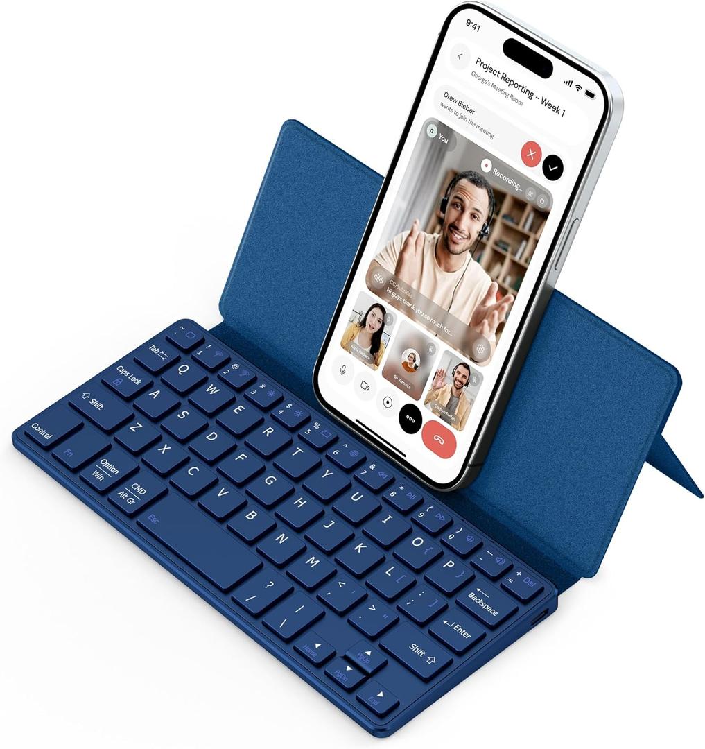 CACOE Wireless Keyboard with Stand, Mini Keyboard for Cell Phone, UltraSlim Portable, Foldable, DualChannel QWERTY with Stand Holder for Smartphone and More iOS Android Windows, Ocean Blue