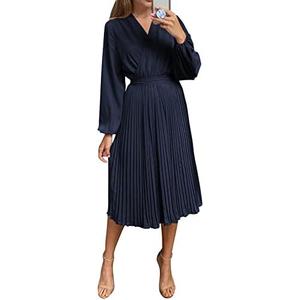 PRETTYGARDEN Women's Spring Midi Dress Long Puff Sleeve Wrap V Neck Flowy Ruffle Pleated Casual Fall DressesS Navy Blue, Small