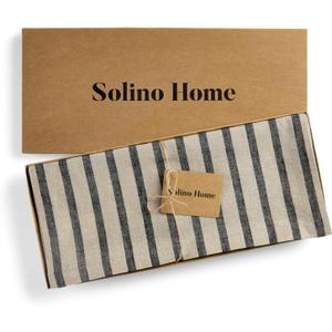 Solino Home Table Runner 120 Inches Long - Cabana Stripe, 100% Pure Linen Natural and White Table Runner 14 x 120 Inch for Dining, Spring, Summer