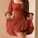 Florboom Women's Adjustable Square Neck Drawstring Dress Puff Long Sleeve Smocked Waist Mini Dresses (S)