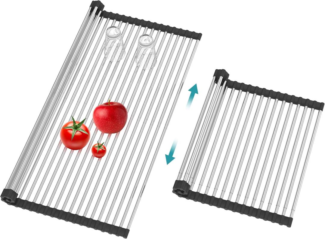 BBXTYLY Extra Large Expandable Roll Up Dish Drying Rack, Over The Sink Drying Rack Sink Cover Kitchen Sink Accessories Kitchen Rolling up Stainless Steel Drainer, Foldable, Rollable, Black, 25.1''-17.3''