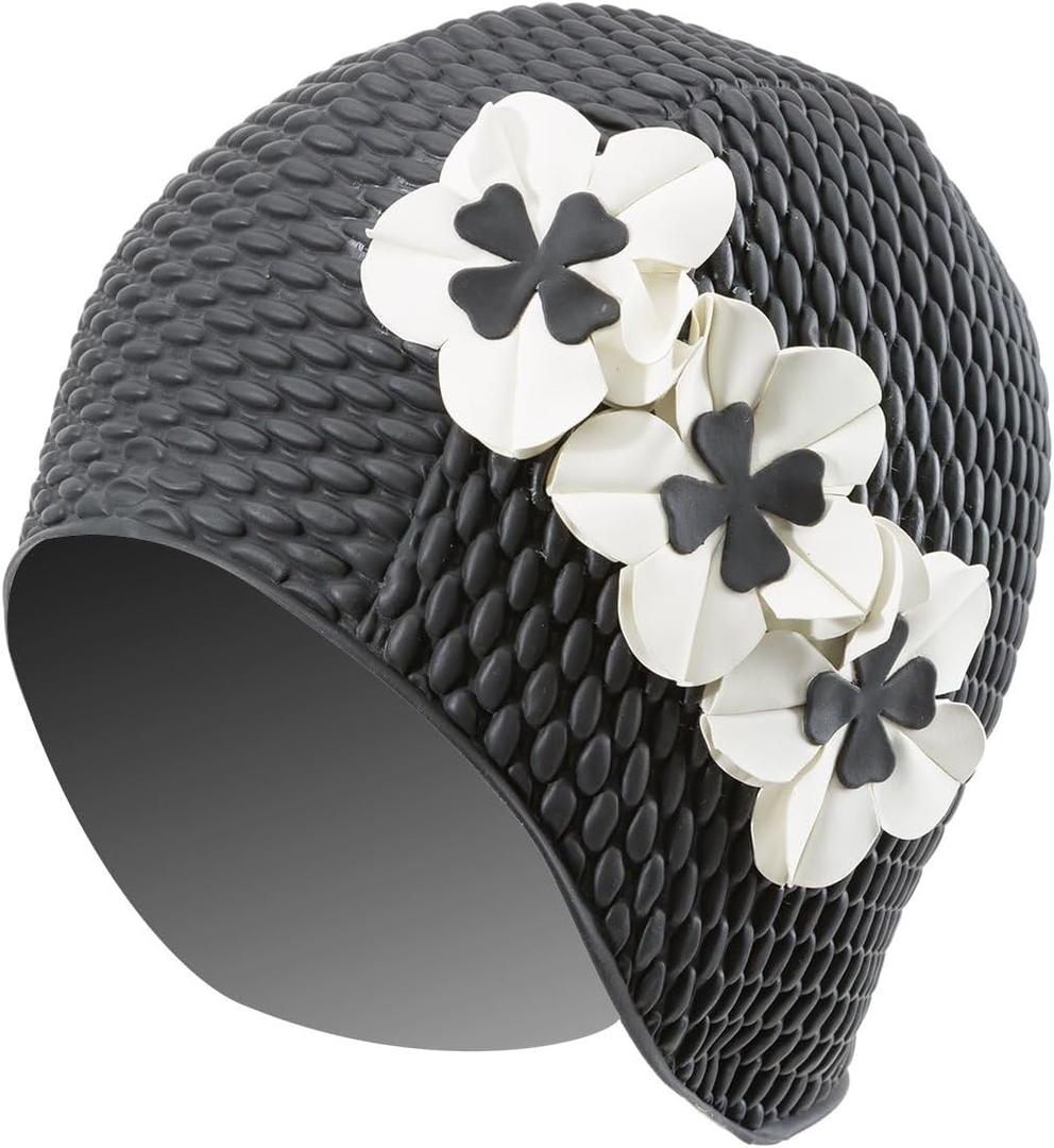 Sporti Bubble Swim Cap, Women Protection Bathing Cap, Anti-Slip Interior Grip, Made from Latex/Rubber & Keep Head Warm (Black/Ivory Flowers)