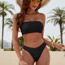 ZAFUL Women Strapless Textured Bandeau Bikini 2 Piece Swimwear Cheeky Solid Lace up Bathing Suits (Black, M)