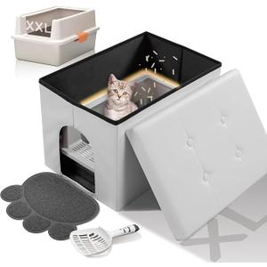 MEEXPAWS Cat Litter Box Enclosure Furniture Hidden & Stainless Steel Litter Box with Lid Set, Cat Washroom Bench Storage Cabinet Enclosed Metal Litter Box Dog Proof, Waterproof Inside, Easy Clean