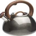 Primula Avalon Whistling Stovetop Tea Kettle, Food Grade Stainless Steel Wide Mouth, Fast to Boil, Cool Touch Handle, 2.5-Quart, Gunmetal Grey and Wood-Look