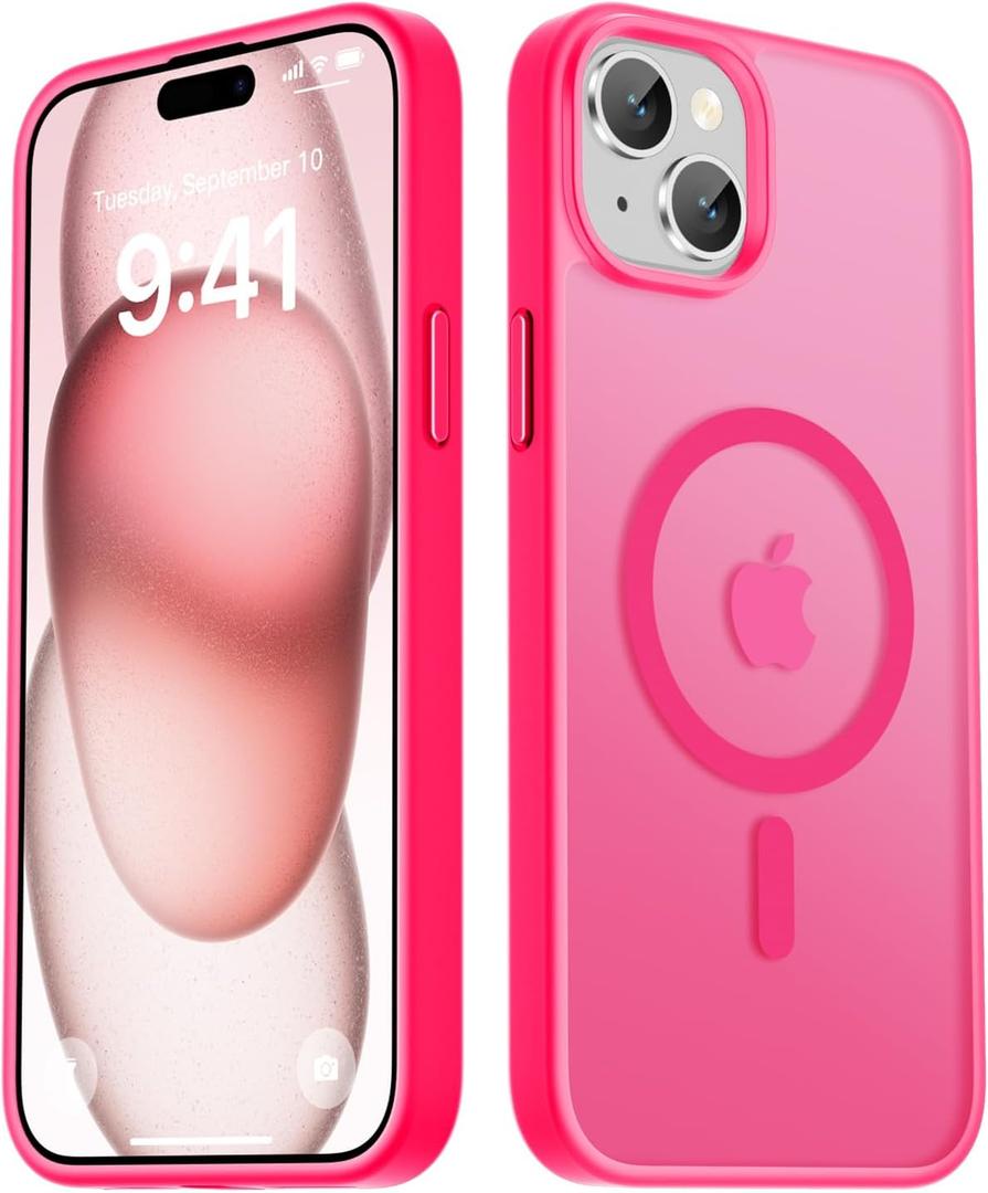 LATVIN for iPhone 15 Plus Case & iPhone 14 Plus Case, Magnetic Phone Cover, Compatible with MagSafe, Military Grade Protection, Translucent Matte Frosted Back, Hot Pink