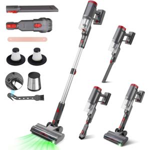 Cordless Vacuum Cleaner, 8-in-1 Powerful Stick Vacuum Cleaners For Home With 35kPa, 35Mins Runtime, 1L Dustbin, Anti-Tangle Rechargeable Self-Standing Vac For Floor Carpet Pet Hair Hardwood Tile car (Silver)