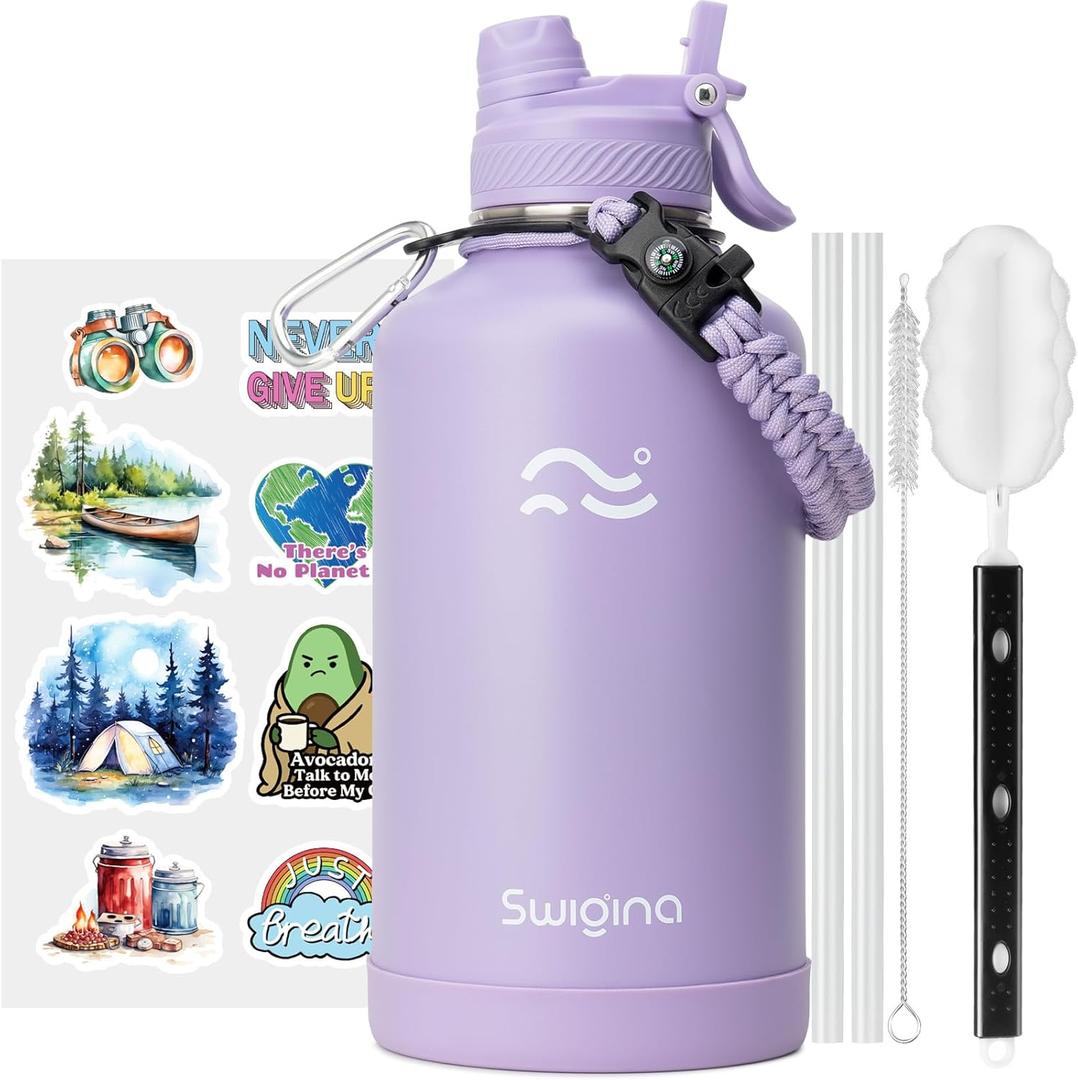 [2-IN-1 LID] 64 oz Insulated Water Bottle with Silicone Boot (48hrs Cold/24hrs Hot) - DIY Stickers, Leakproof, BPA Free, Half Gallon (Lavender)