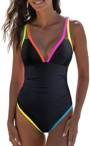 popvil Women's One Piece 2025 Tummy Control Swimsuits Neon Color Block Swimwear Deep V Neck Slimming Bathing Suit, (Medium, Black)
