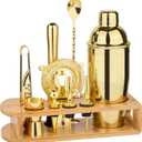 Cocktail Shaker Set Bartender Kit : 12-Piece Bar Tool Set with Bamboo Stand | Bars Set with All Practical Bar Accessories, for Drink Mixing, Bar, Home, Lounge & Party (Gold)