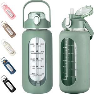 kytffu 64oz Glass Water Bottles with Straw, Half Gallon Motivational Glass Bottle with Silicone Sleeve and Time Marker, 2L Leakproof Large Glass Water Jug for Gym Home Office,olive