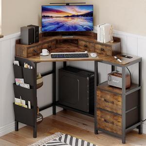 VENNQD Corner Desk with 6 Fabric Drawers Shelves for Small Space Computer Desk with Power Outlets,Gaming Desk with Printer Monitor Stand Storage for Home Office Workstation Writing Table Brown, 31.5