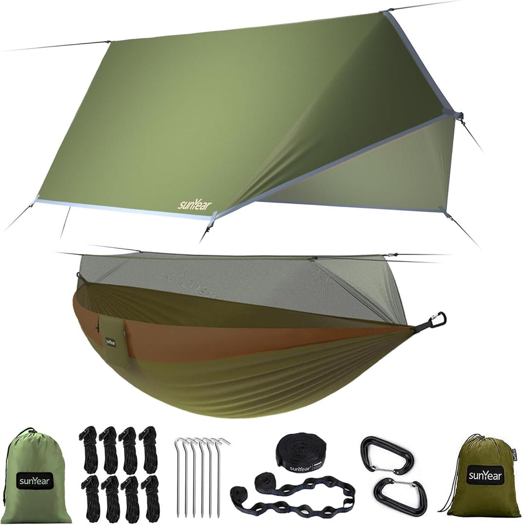 Sunyear Camping Hammock, Portable Single & Double Hammock with Net, 2 Person Hammock Tent with 2 * 10ft Straps, Best for Outdoor Hiking Survival Travel (Usa Coffee/Green Bundle)