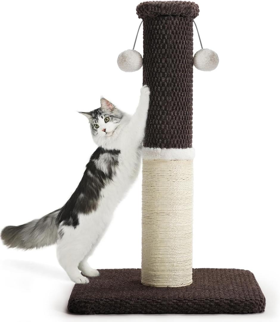Made4Pets Tall Cat Scratching Post, Heavy Duty and Thicker Scratching Posts for Indoor Cats Adults, 33" Natural Sisal Cat Scratcher with Hanging Balls, Sturdy Base Cat Scratch Post, Brown