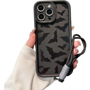 Aesthetic Black Bat Phone Case Compatible for iPhone 14 Pro Case, with Adjustable Anti-Drop Wrist Strap - Full-Body Shockproof Protection, Raised Camera & Edge Guards