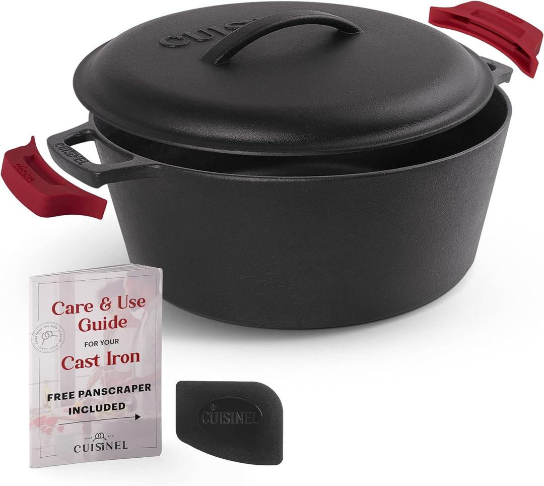Cuisinel Cast Iron Dutch Oven - 7-Quart Deep Pot + Lid + Pan Scraper + Handle Covers - Large Pre-Seasoned Cooker for Baking Bread, Soup, Frying - Indoor/Outdoor Kitchen, Camping, Fire, BBQ Safe (7-Qt, braiser lid)