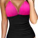 RXRXCOCO Women V Neck One Piece Swimsuits Tummy Control Ruched Swimwear Halter Bathing Suit (Black), 2XL