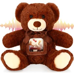 Libima 14 Inch Remembrance Bear Plush Stuffed Animal with Recorder Soft Doll Fabric Animal Toy with a Picture Frame for Baby Shower Wedding Birthday Graduation Gift(Dark Brown)