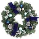 LinTimes Christmas Wreaths, 18 Inch Christmas Wreath for Front Door with 15 LED Lights, Pre-lit Christmas Decoration with Blue Bows Silver Leaves Ball Ornaments for Christmas Wall Window Decor