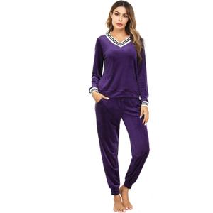 Irevial Women's Striped V Neck Velour Tracksuit Two Piece Sweatsuits Sets with Pocket (Small, Purple)