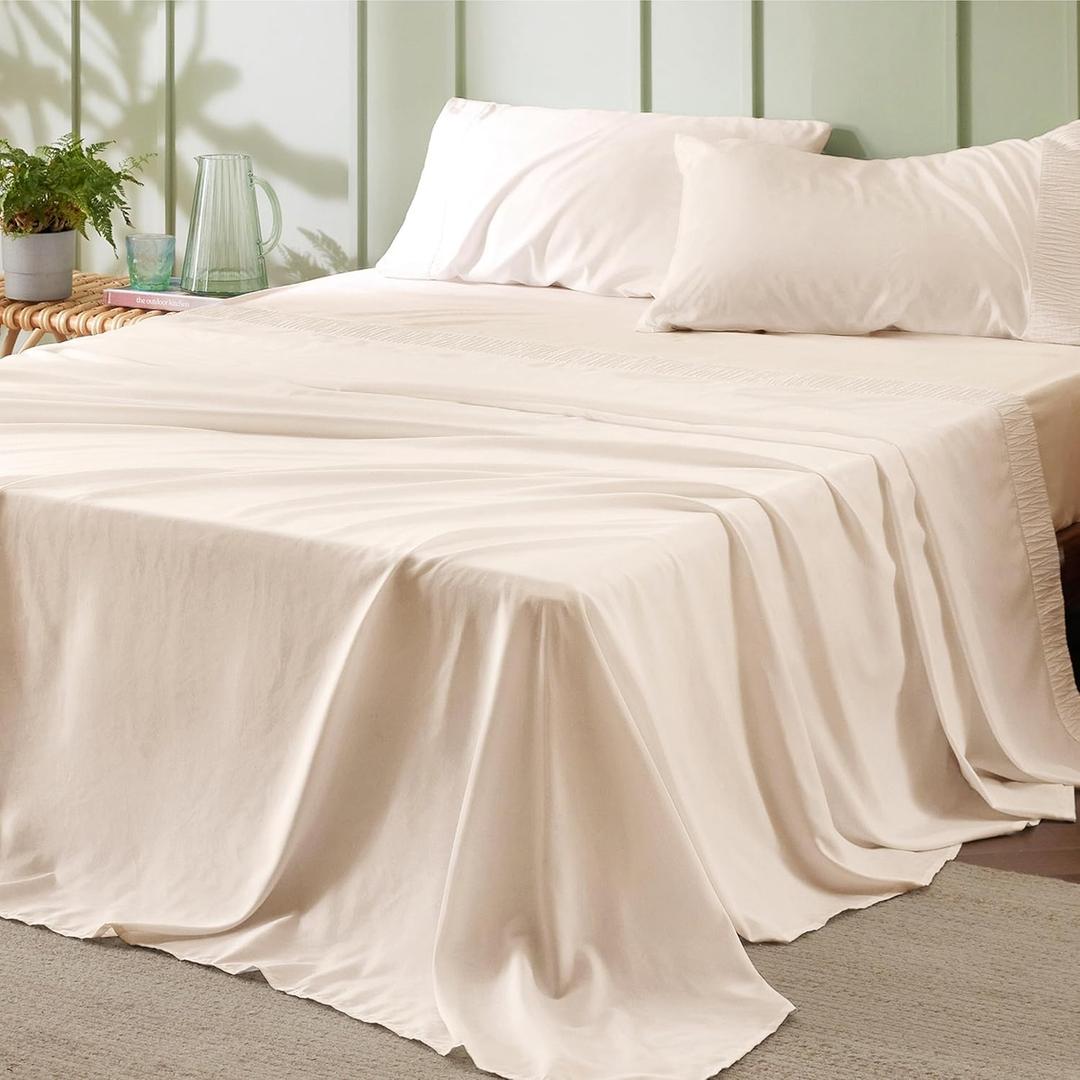 Bedsure Full Size Bed Sheets - 4 Pieces Soft Full Sheet Set - Breathable & Cooling - Hotel Luxury - Easy Care Polyester Microfiber Bedding for Women, Men, Light Beige